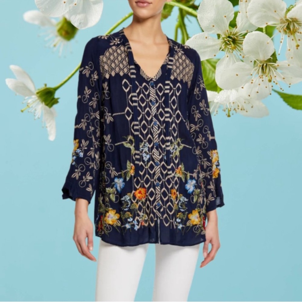 Johnny Was Graphic Blue and Gold Tunic with Bell Sleeves